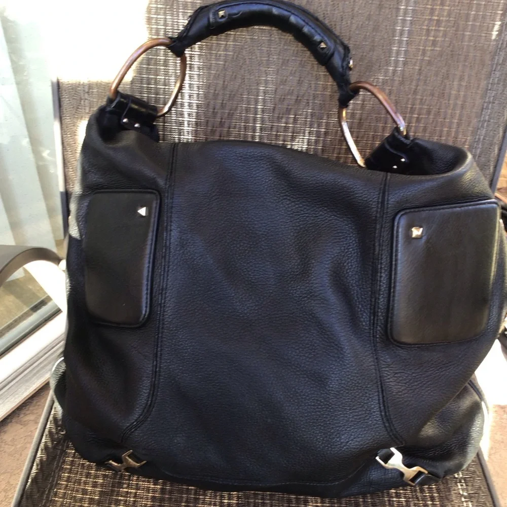 Ann Taylor Black Leather Studded Large Hobo Shoulder Bag